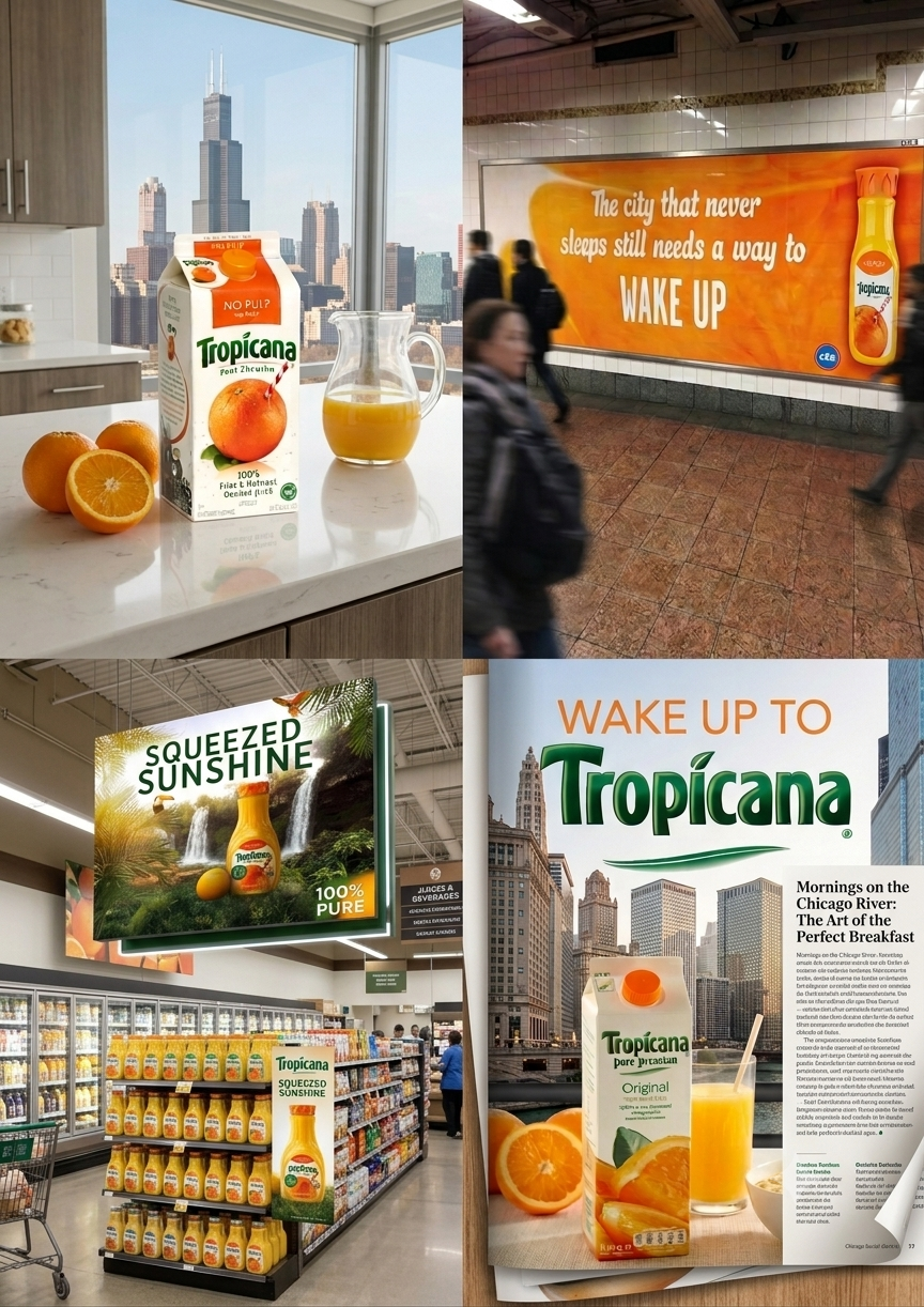 Tropicana campaign shown across packaging, transit, retail, and editorial environments