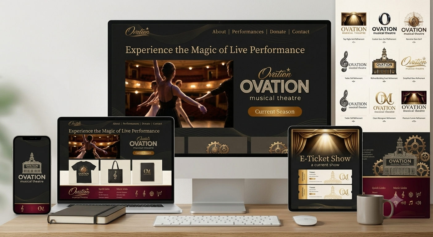 Ovation musical theatre identity developed across desktop, laptop, tablet, mobile, ticketing, merchandise, and logo systems
